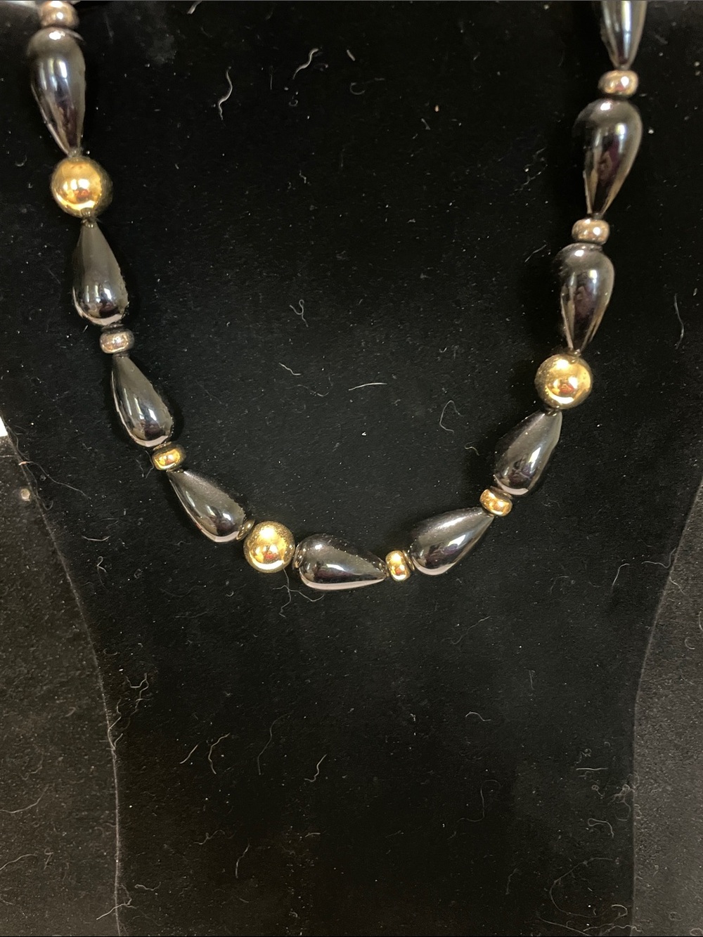 Classic Black Teardrop and Gold Bead Necklace.  M’s